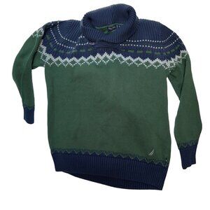 nautica blue green Norwegian Fair Isle shawl neck ski sweater XL